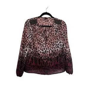 Bebe 2B Animal Print Sheer Pink Black Embellished Beaded Tie Front Top Womens M